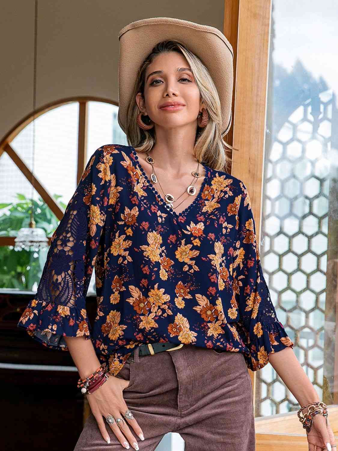 Floral V-Neck Crochet Blouse - AllIn Computer