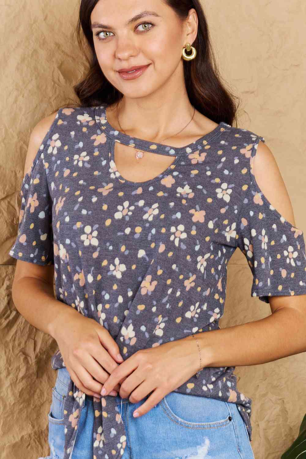 Heimish On My Own Full Size Cold Shoulder Keyhole Floral Print Top - AllIn Computer