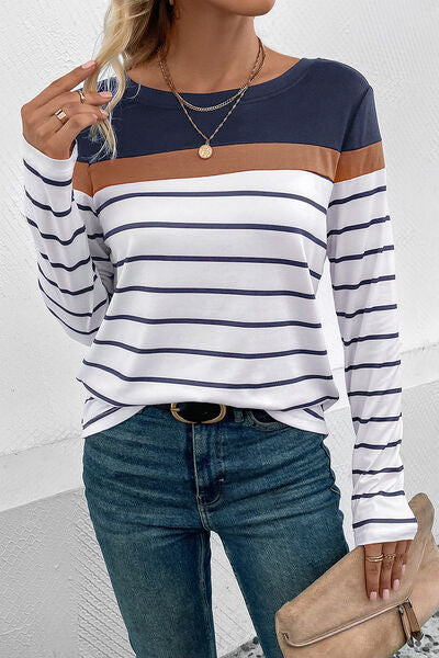 Striped Round Neck Long Sleeve T-Shirt - AllIn Computer