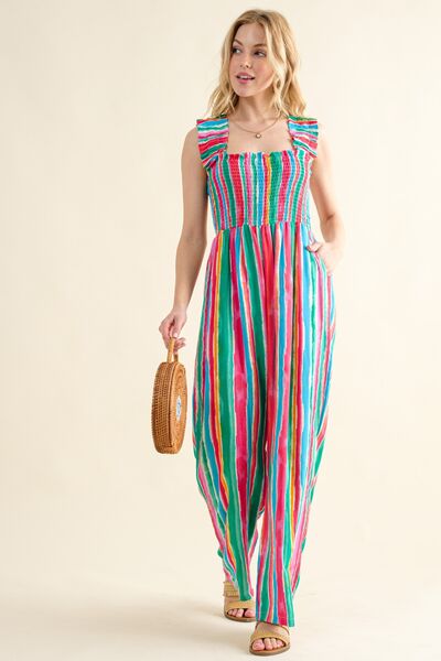 And The Why Full Size Striped Smocked Sleeveless Jumpsuit - AllIn Computer