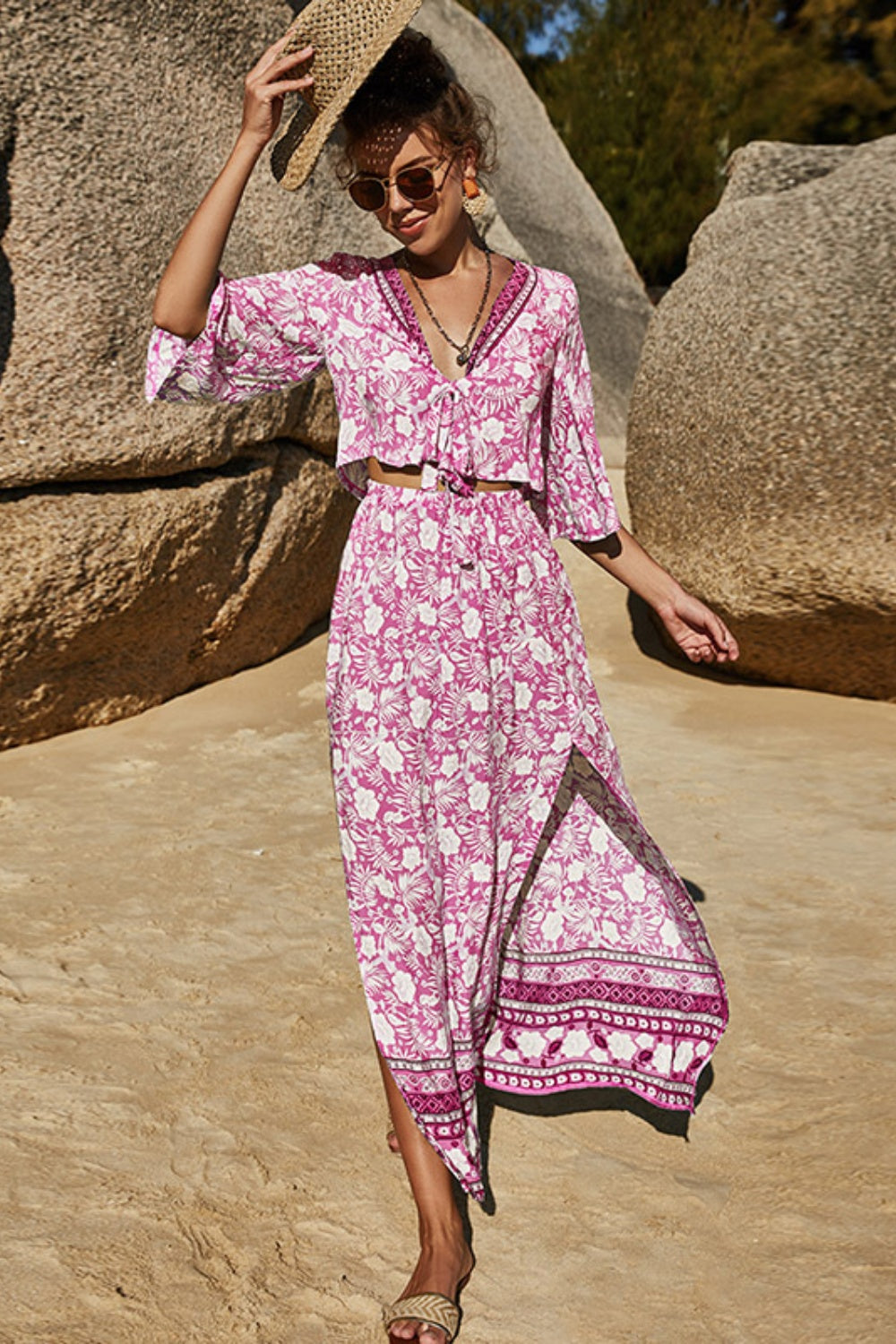Printed Half Sleeve Top and Slit Skirt Set - AllIn Computer