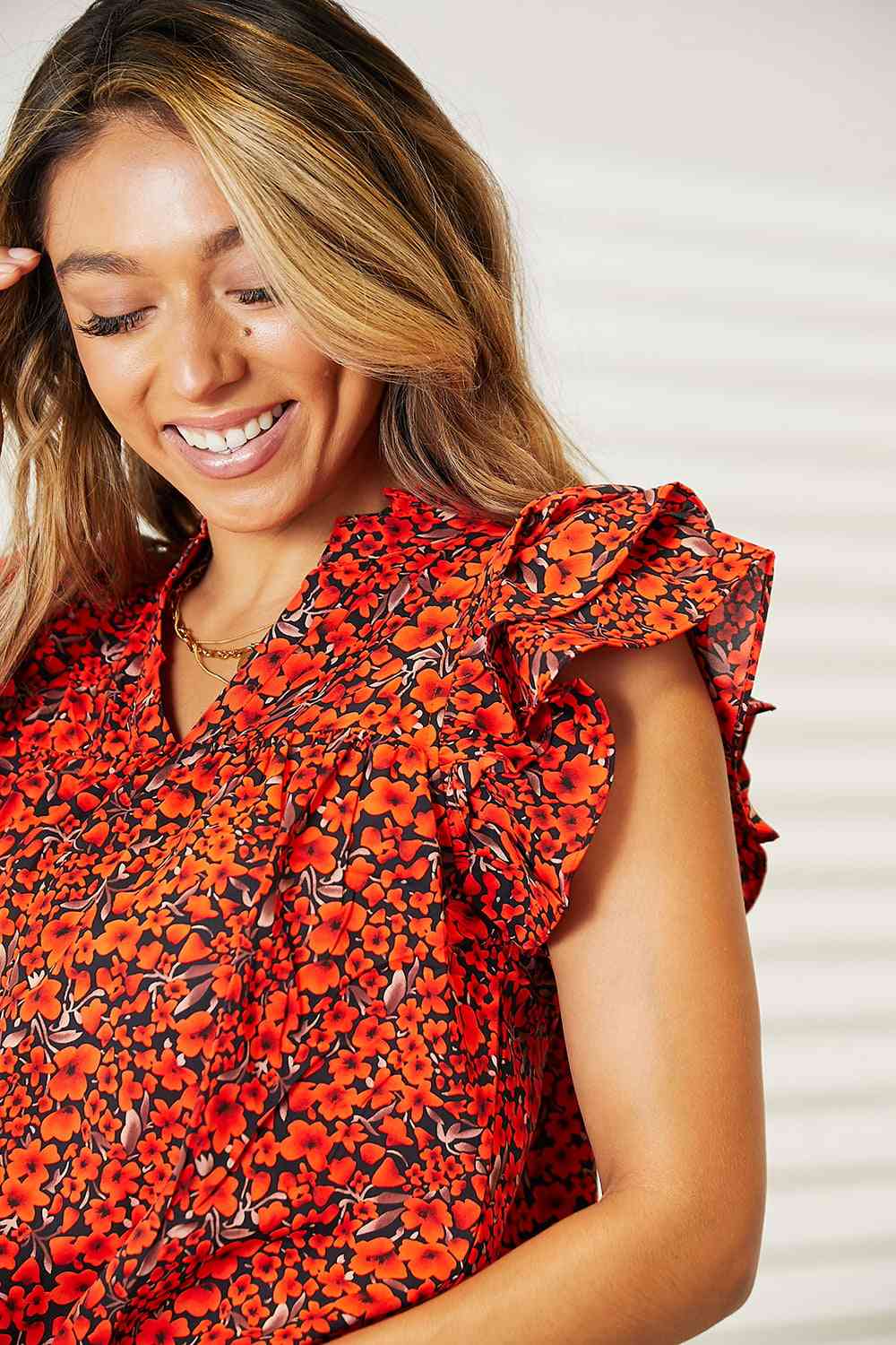 Double Take Floral Flutter Sleeve Notched Neck Blouse - AllIn Computer