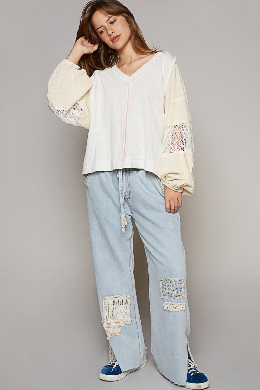 POL Balloon Sleeve Crochet Patch Top - AllIn Computer