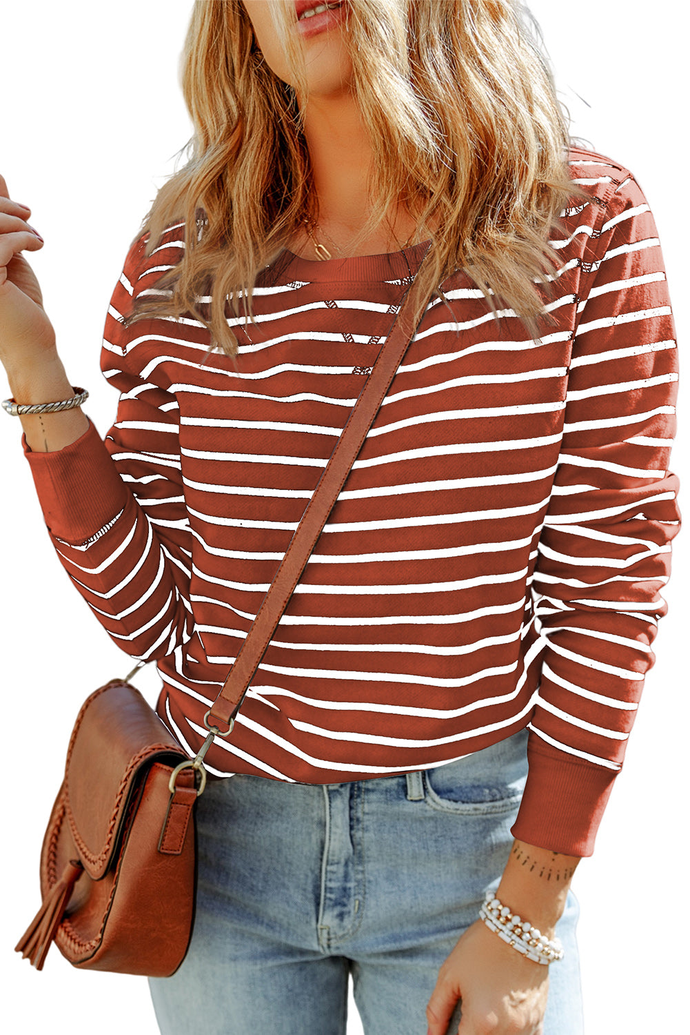 Striped Long Sleeve Round Neck Top - AllIn Computer