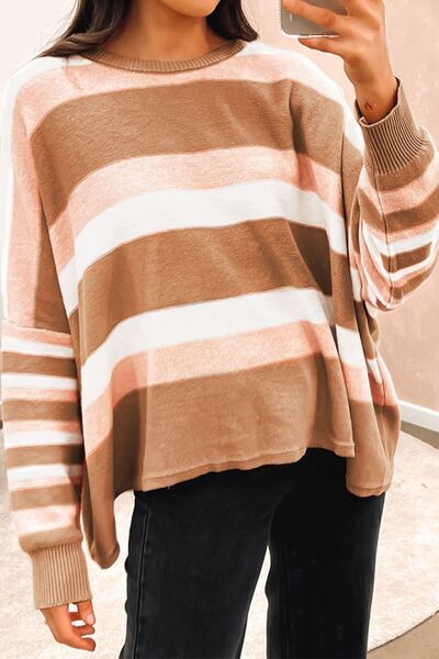 Striped Round Neck Long Sleeve Sweater - AllIn Computer