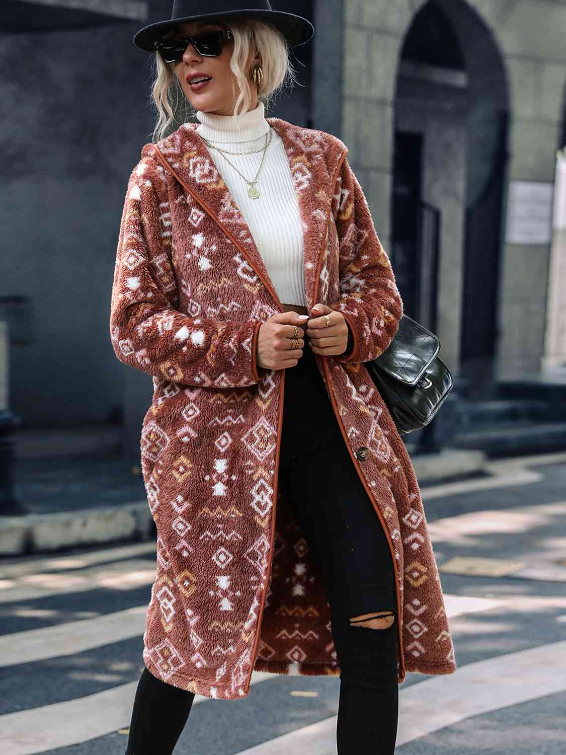 Geometric Button Down Hooded Fleece Coat - AllIn Computer