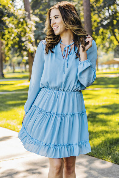 Frill Tie Neck Balloon Sleeve Dress - AllIn Computer