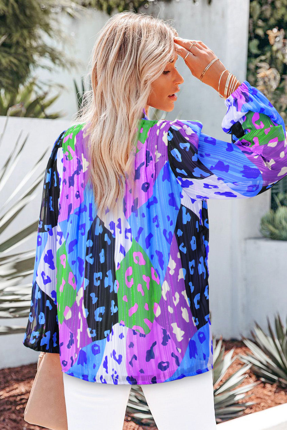 Printed Notched Long Sleeve Blouse - AllIn Computer