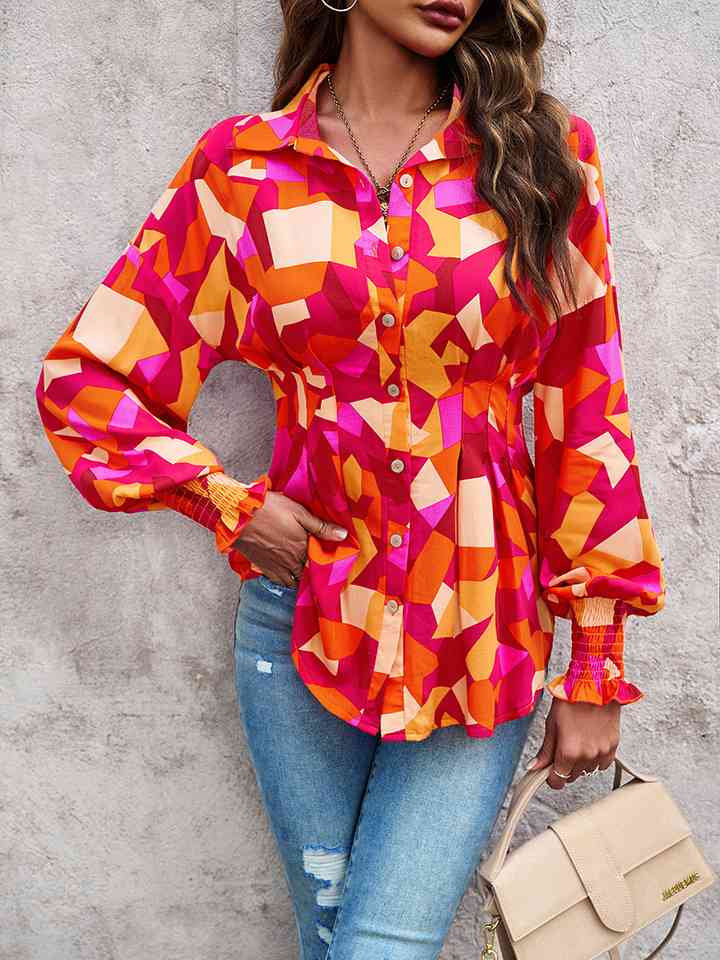 Printed Button-Up Lantern Sleeve Shirt - AllIn Computer