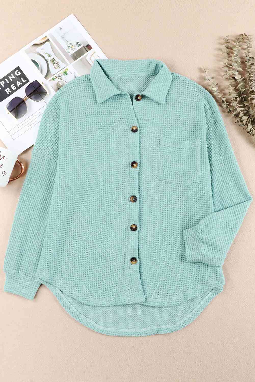 Waffle-Knit Button Up Long Sleeve Shirt with Pocket - AllIn Computer