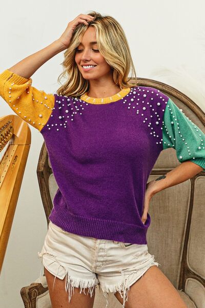 BiBi Color Block Pearl Detail Round Neck Sweater - AllIn Computer