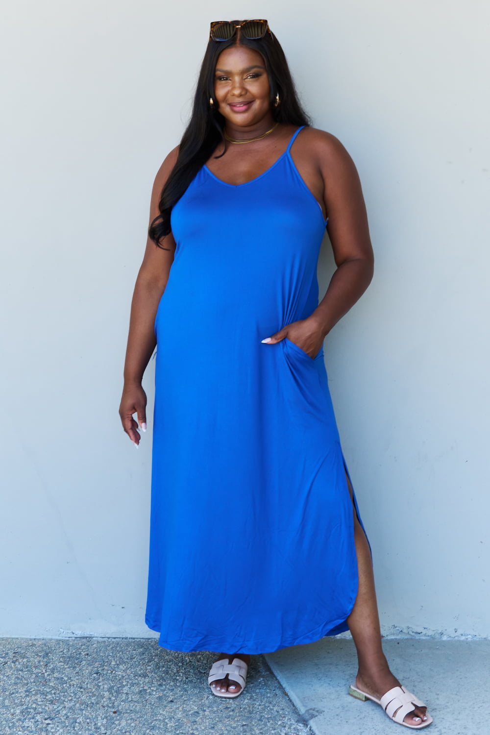Ninexis Good Energy Full Size Cami Side Slit Maxi Dress in Royal Blue - AllIn Computer