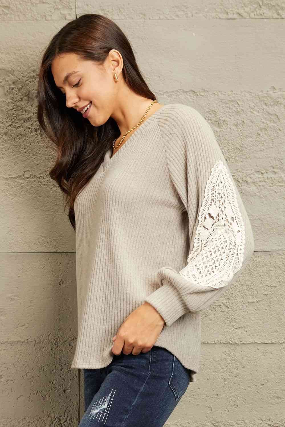 Sew In Love Full Size Lace Patch Detail Sweater - AllIn Computer