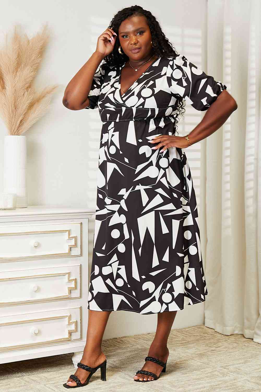Double Take Printed Surplice Balloon Sleeve Dress - AllIn Computer