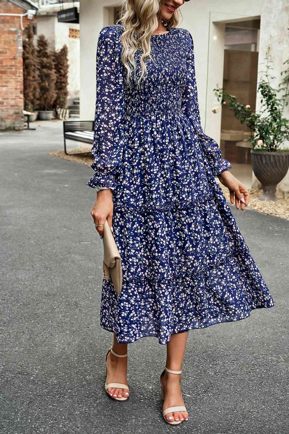 Smocked Flounce Sleeve Midi Dress - AllIn Computer