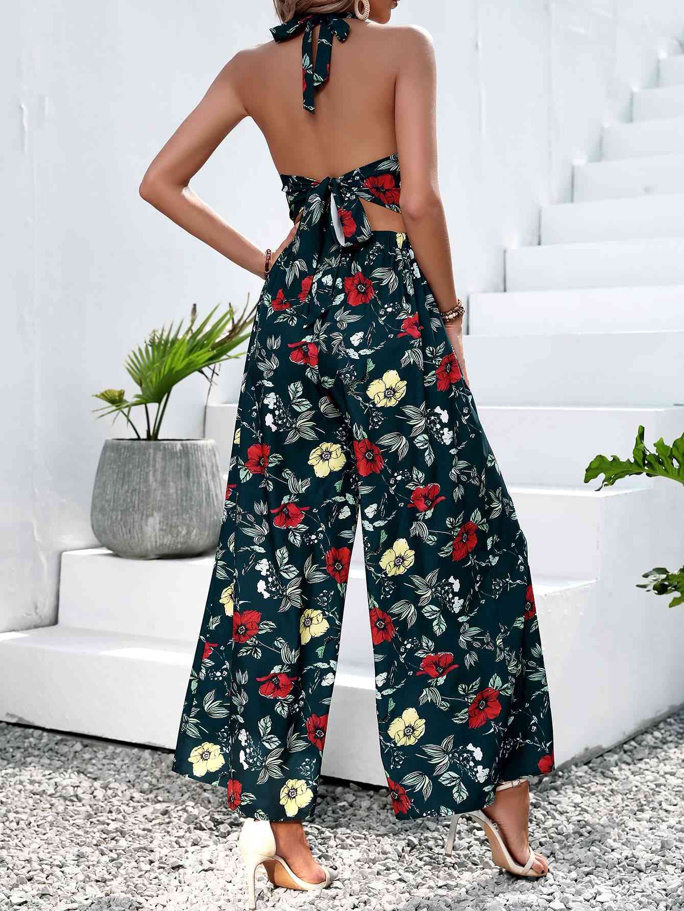 Floral Halter Neck Top and Wide Leg Pants Set | CLOTHING,SHOES & ACCESSORIES | Hanny, outfit sets, Ship From Overseas | Trendsi