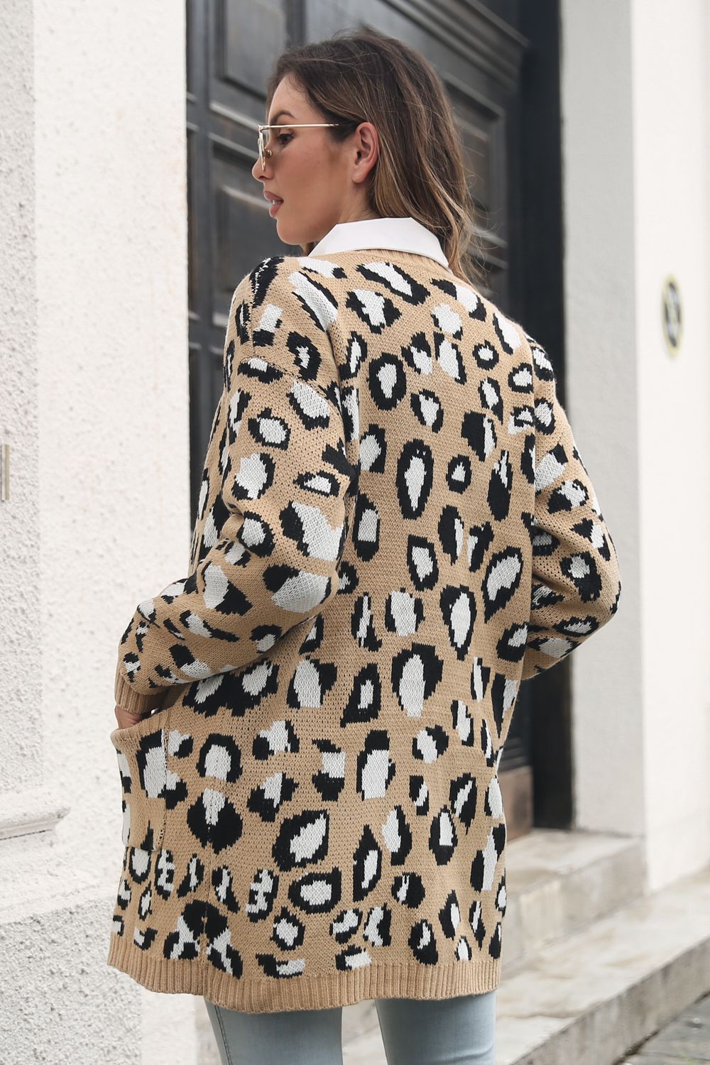 Leopard Open Front Cardigan with Pockets - AllIn Computer