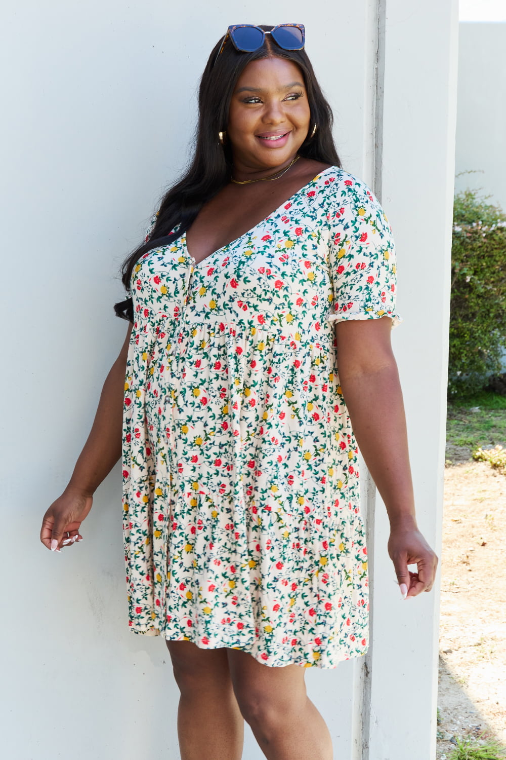 Ninexis Follow Me Full Size V-Neck Ruffle Sleeve Floral Dress | CLOTHING,SHOES & ACCESSORIES | dress, Labor Day Sale, plus size, Ship from USA, Women's Apparel, women's clothing, women's fashion | Trendsi