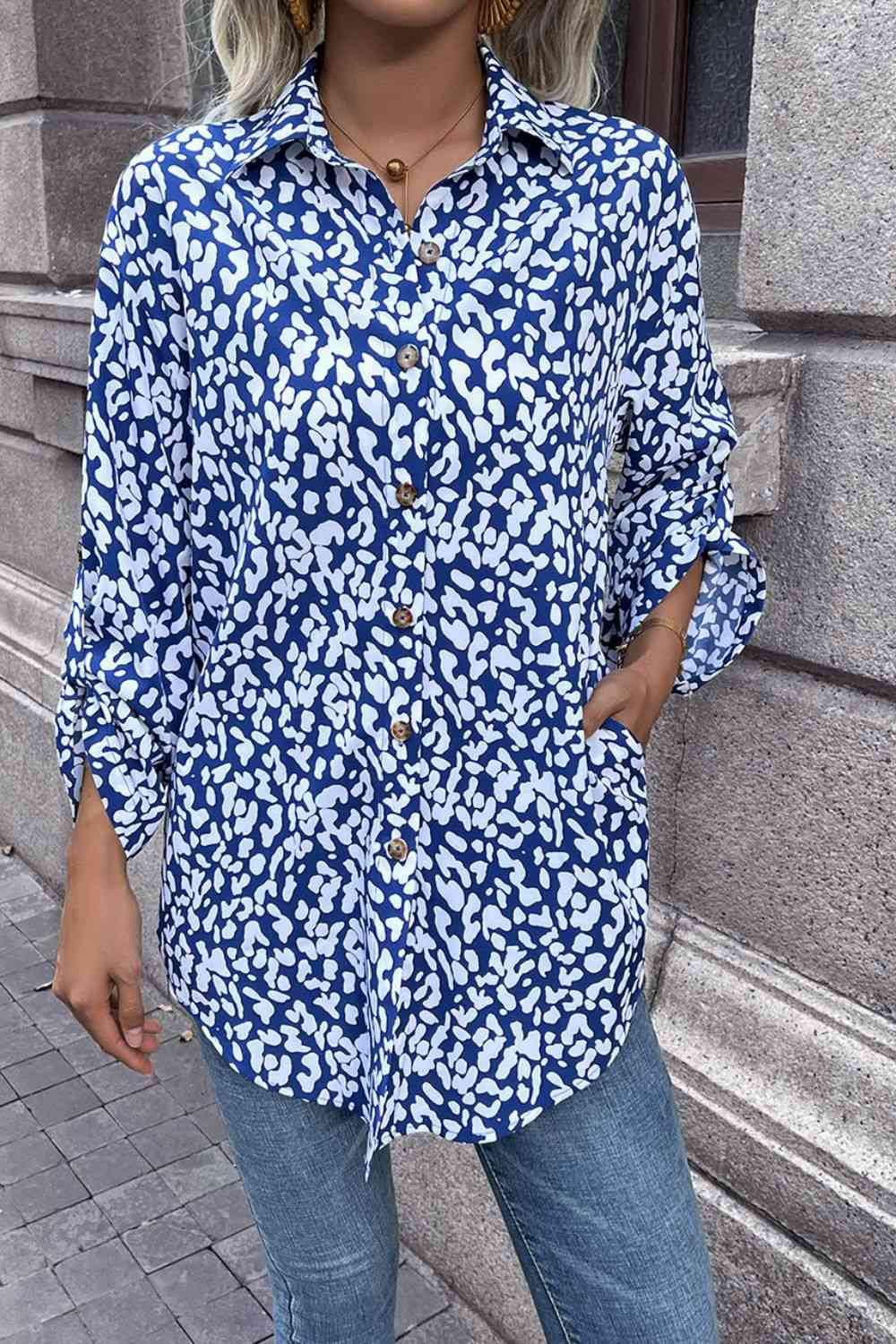 Double Take Leopard Roll-Tap Sleeve Shirt - AllIn Computer