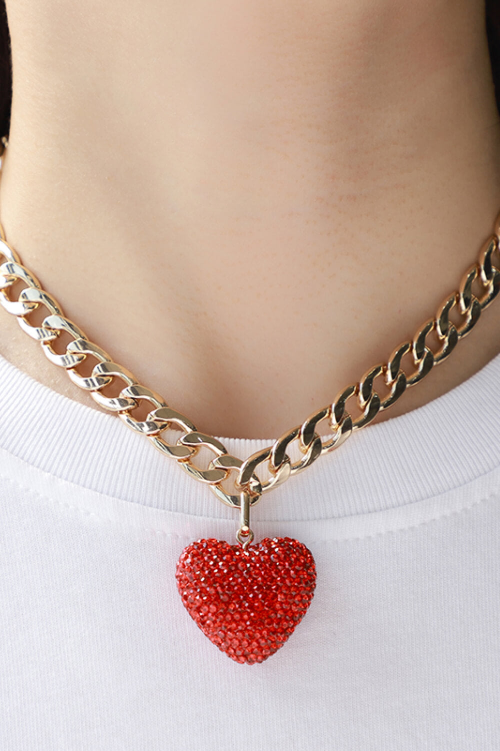 Rhinestone Heart Pendant Curb Chain Necklace - AllIn Computer
