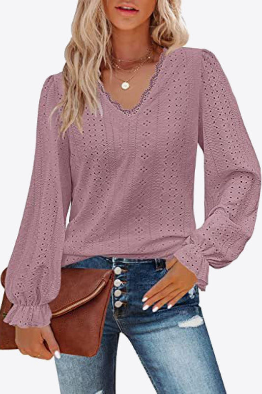 Eyelet V-Neck Flounce Sleeve Blouse - AllIn Computer