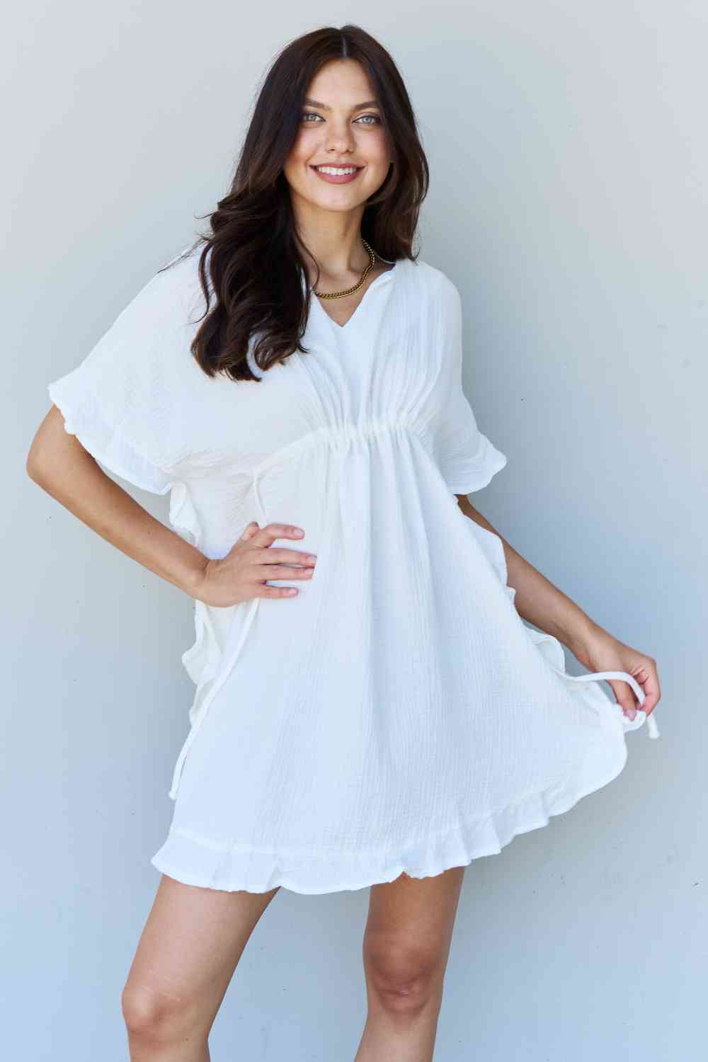 Ninexis Out Of Time Full Size Ruffle Hem Dress with Drawstring Waistband in White - AllIn Computer