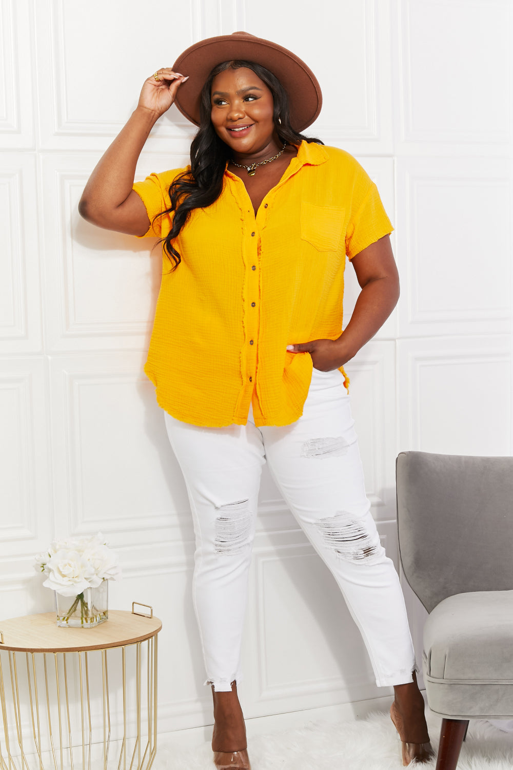 Zenana Full Size Summer Breeze Gauze Short Sleeve Shirt in Mustard - AllIn Computer