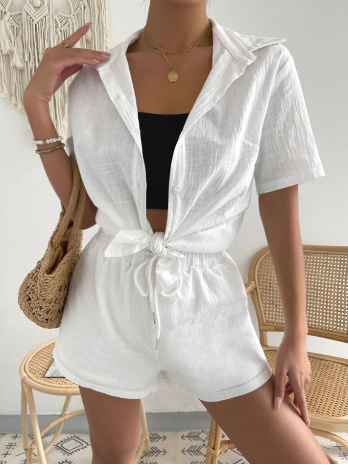 Button Up Short Sleeve Shirt and Drawstring Shorts Set - AllIn Computer
