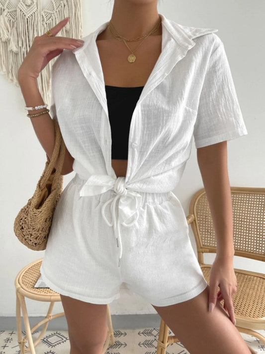 Button Up Short Sleeve Shirt and Drawstring Shorts Set - AllIn Computer