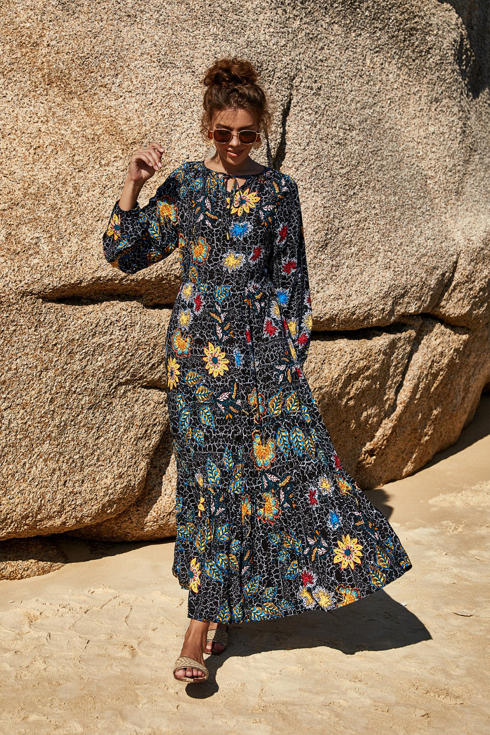 Printed Tie Neck Long Sleeve Dress - AllIn Computer