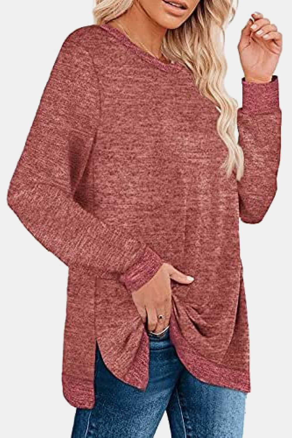 Round Neck Long Sleeve Slit T-Shirt - AllIn Computer