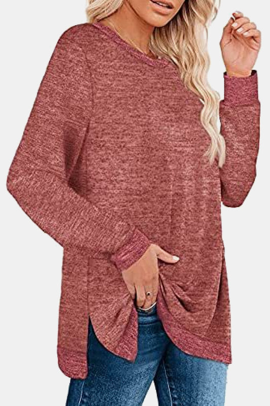 Round Neck Long Sleeve Slit T-Shirt - AllIn Computer