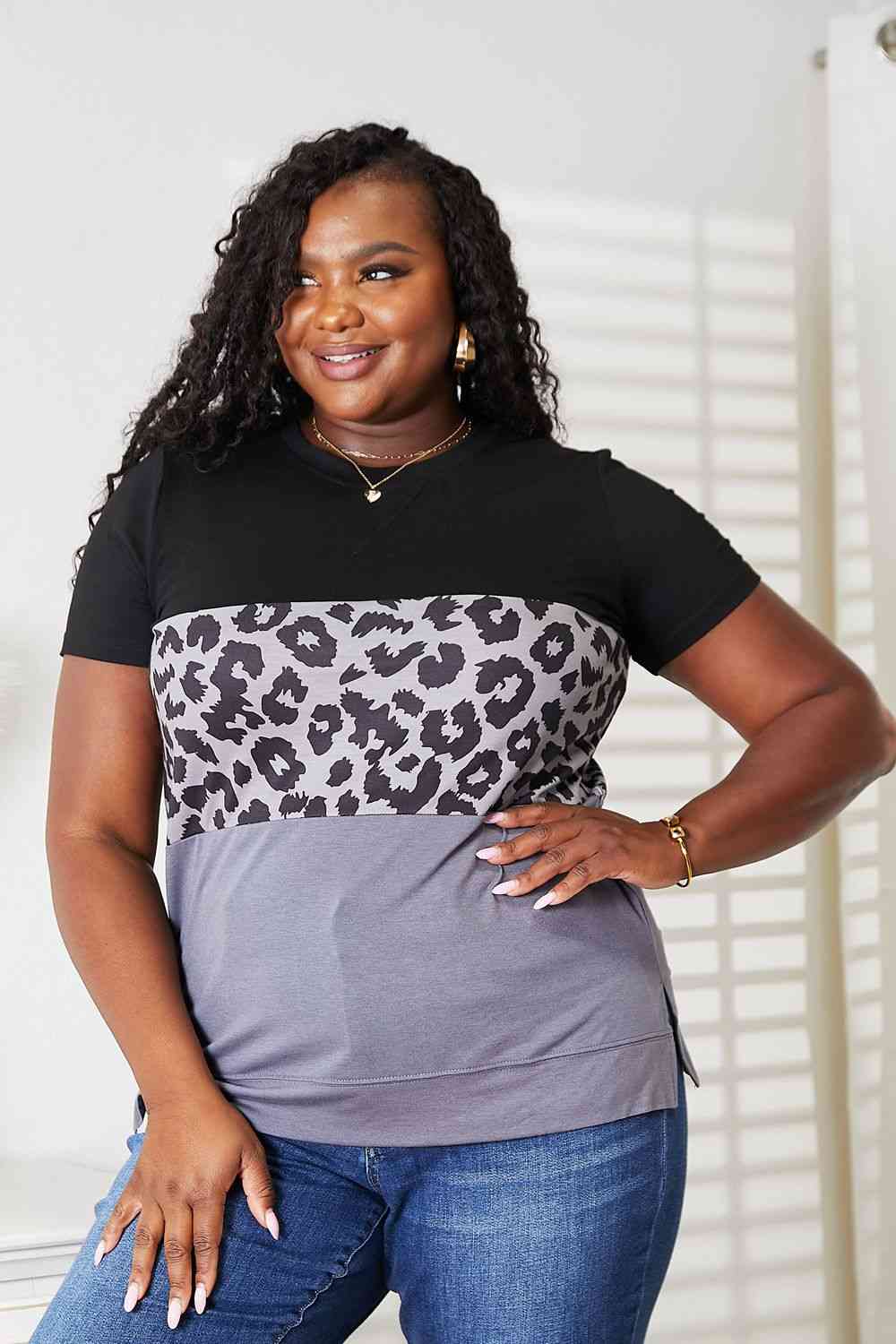 Double Take Leopard Print Color Block Short Sleeve T-Shirt - AllIn Computer