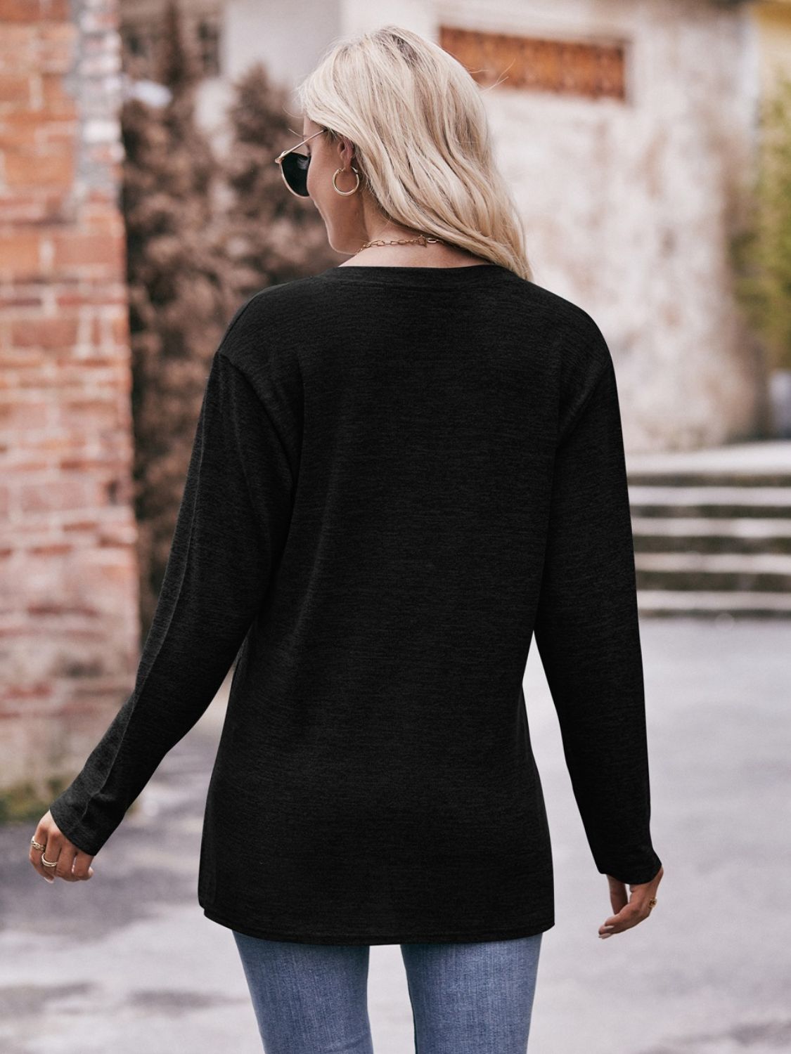 Double Take Buttoned Notched Neck Long Sleeve Top - AllIn Computer