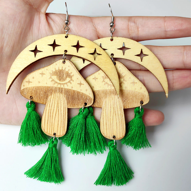 Moon & Mushroom Tassel Detail Dangle Earrings - AllIn Computer