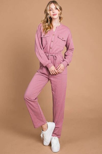 Culture Code Full Size Button Up Drawstring Waist Straight Jumpsuit - AllIn Computer