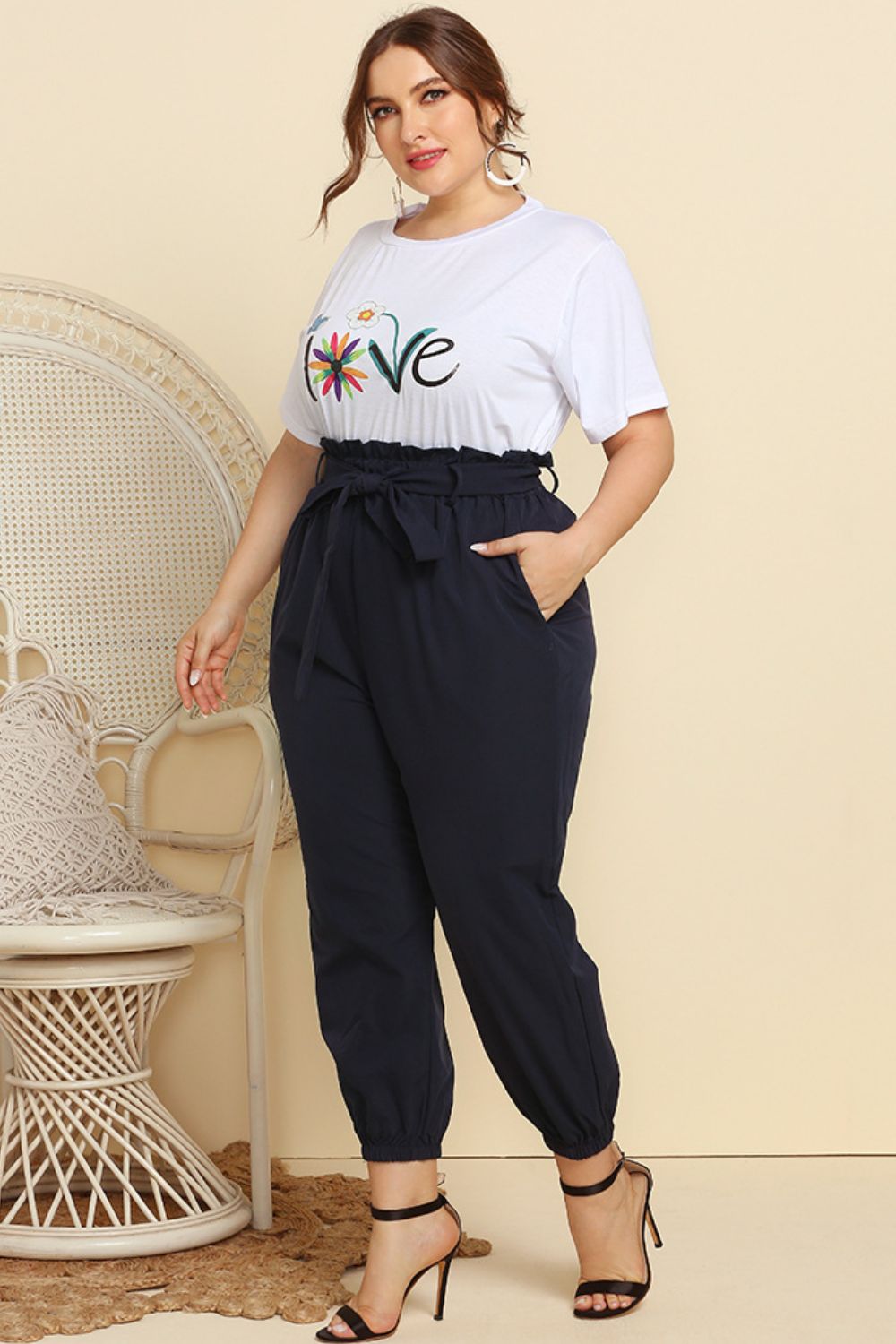 Graphic Tee and Belted Paperbag Joggers Set - AllIn Computer