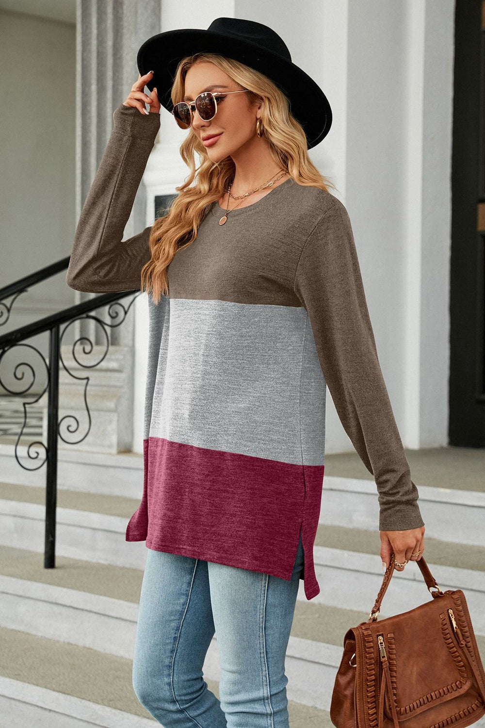 Color Block Round Neck Long Sleeve Slit T-Shirt - AllIn Computer