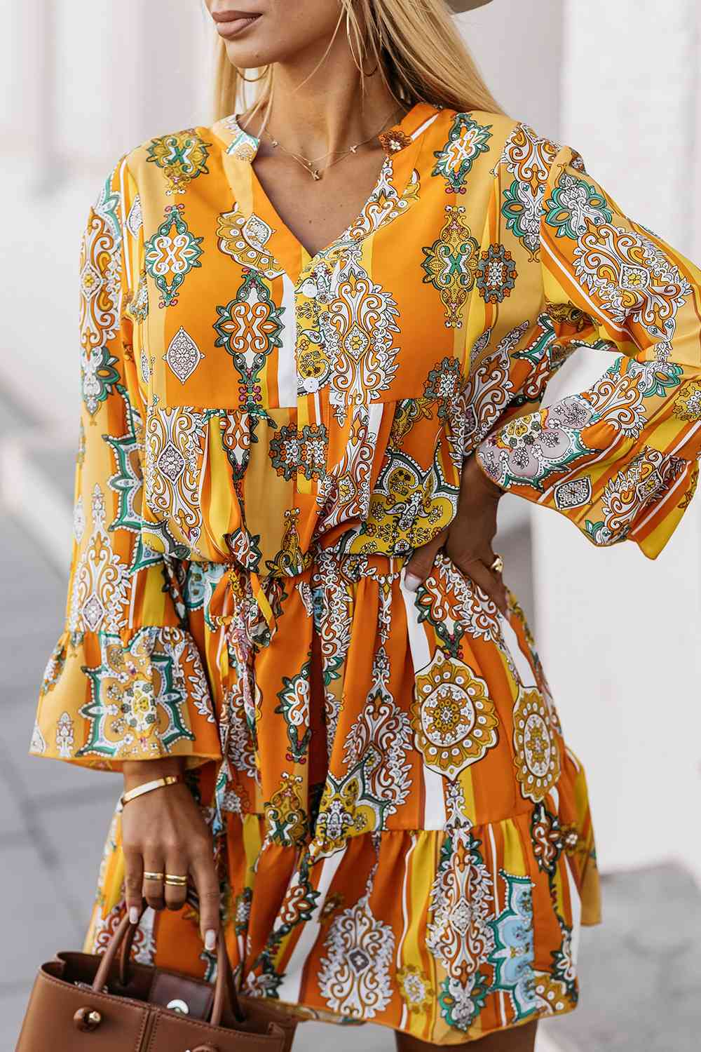Printed Notched Neck Flounce Sleeve Dress - AllIn Computer