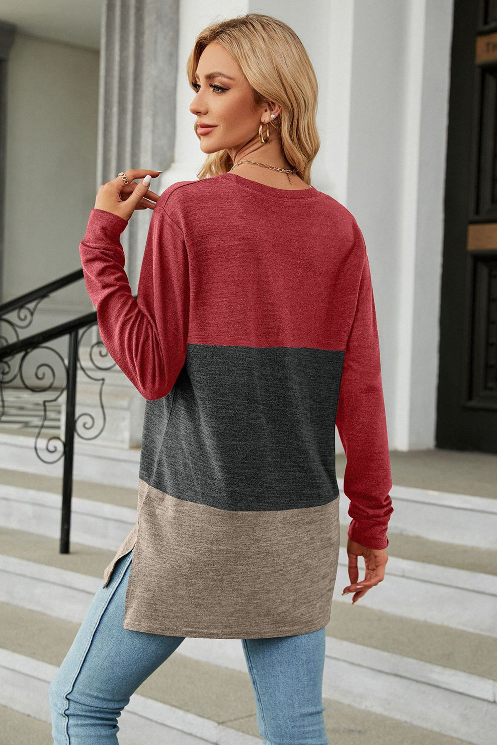 Color Block Round Neck Long Sleeve Slit T-Shirt - AllIn Computer