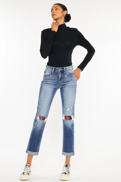 Kancan High Waist Distressed Hem Detail Cropped Straight Jeans - AllIn Computer