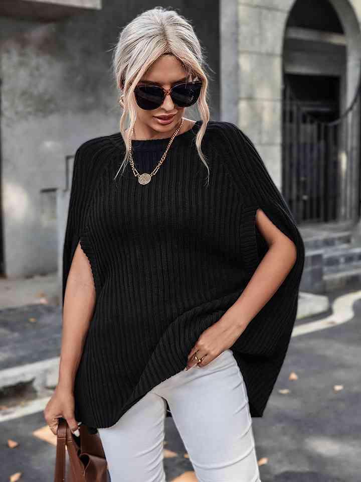 Ribbed Round Neck Slit Sleeve Knit Top - AllIn Computer