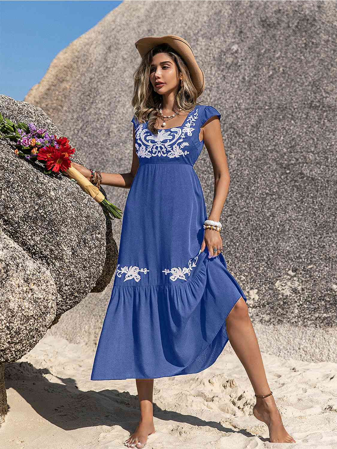 Embroidered Square Neck Ruffle Hem Dress - AllIn Computer