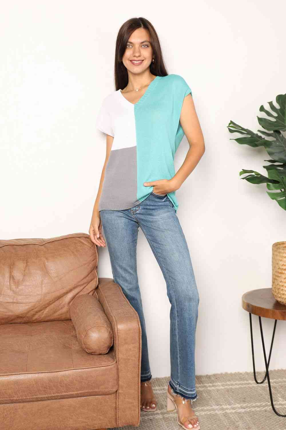 Double Take Color Block V-Neck Knit Top - AllIn Computer