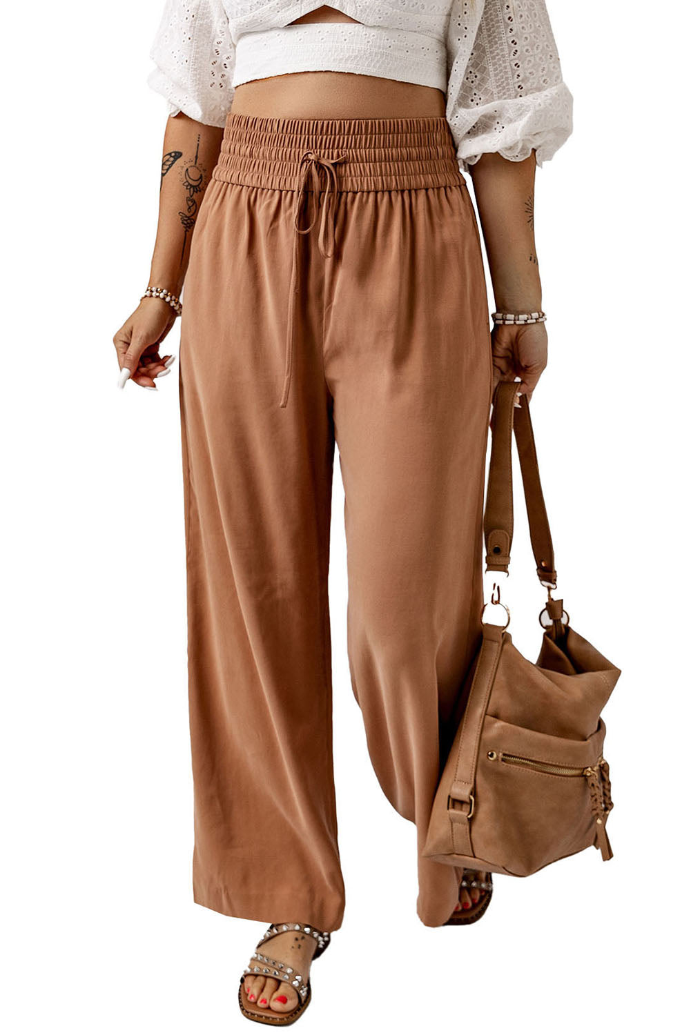 Drawstring Smocked Waist Wide Leg Pants - AllIn Computer
