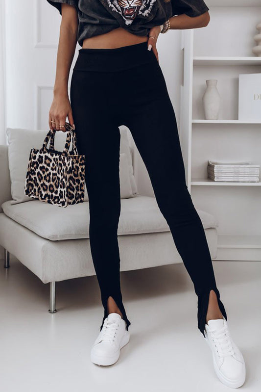 High Waist Ribbed Slit Leggings - AllIn Computer