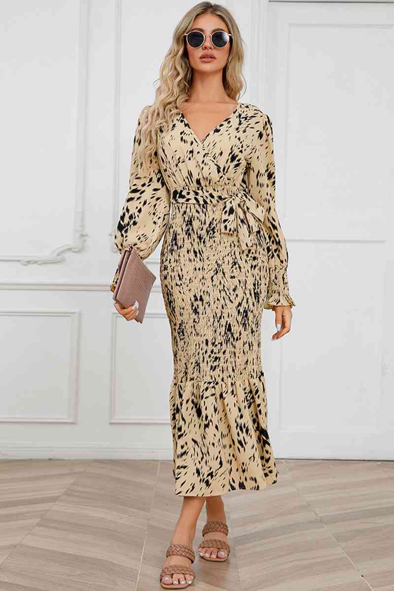 Printed V-Neck Smocked Midi Dress - AllIn Computer