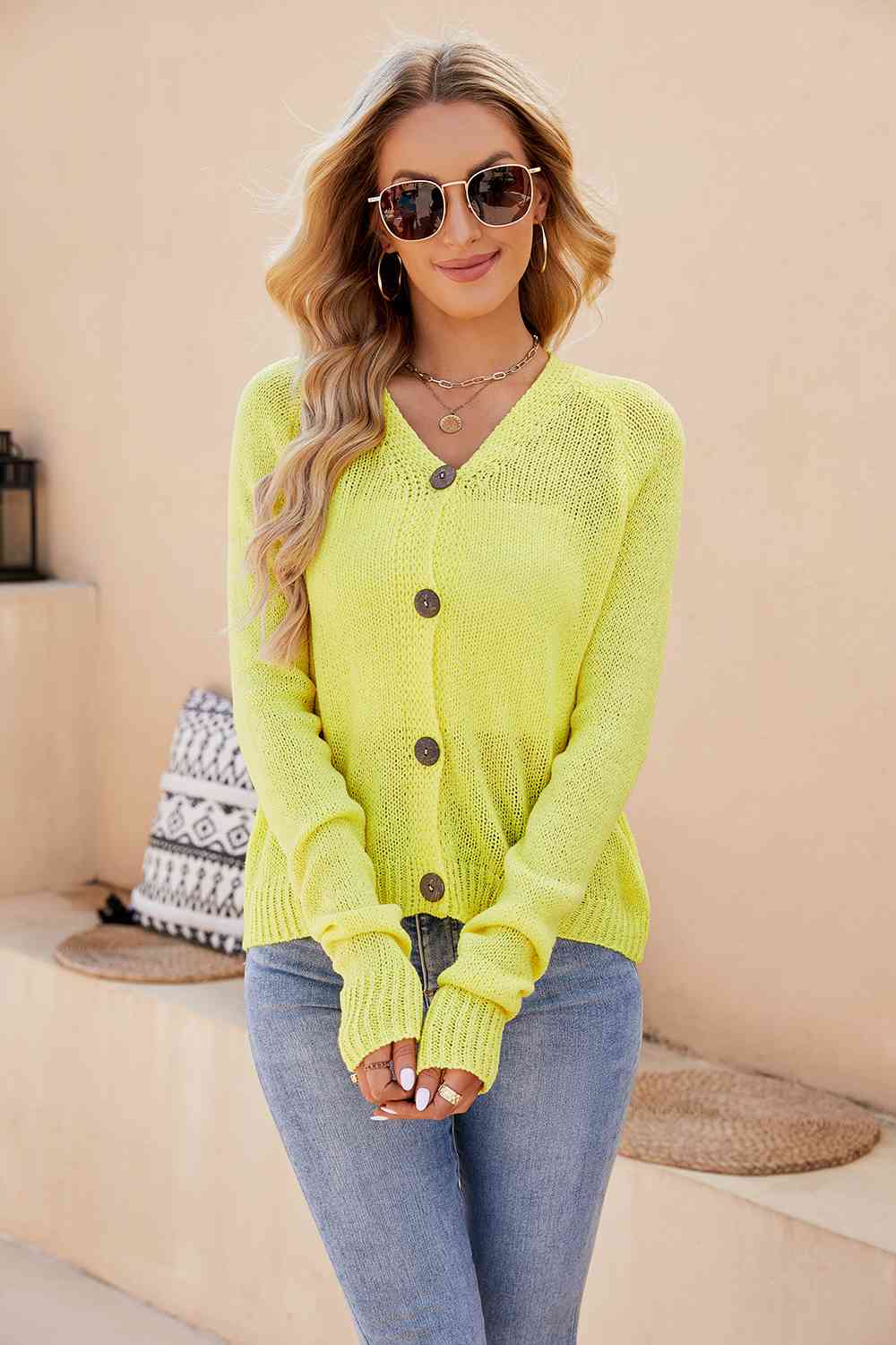 Button Up V-Neck Long Sleeve Cardigan - AllIn Computer