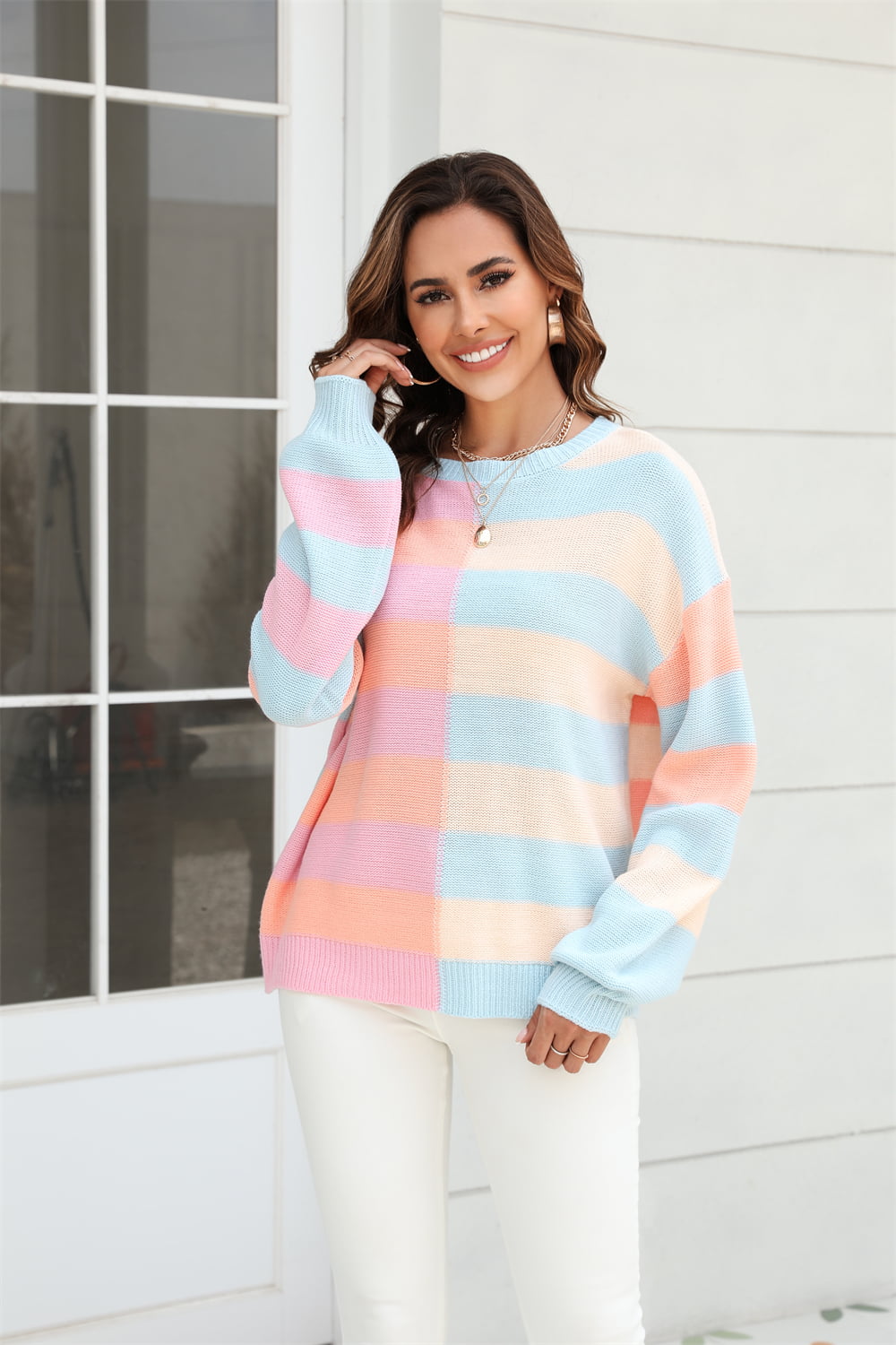 Round Neck Long Sleeve Color Block Dropped Shoulder Pullover Sweater - AllIn Computer
