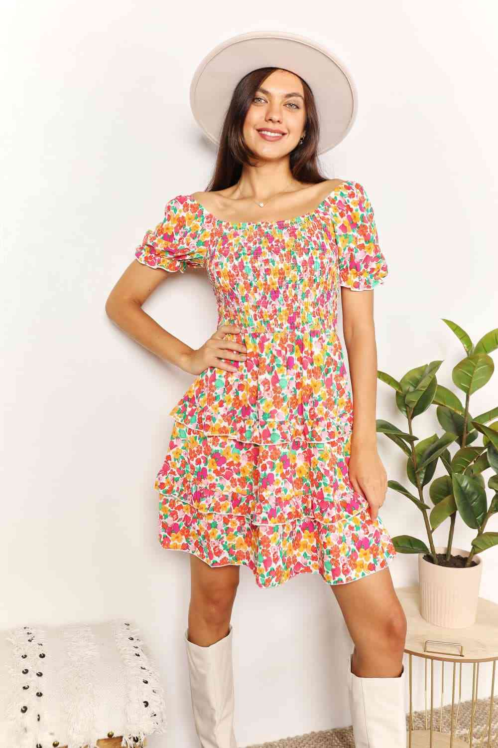 Double Take Smocked Sweetheart Neck Flounce Sleeve Mini Dress - AllIn Computer